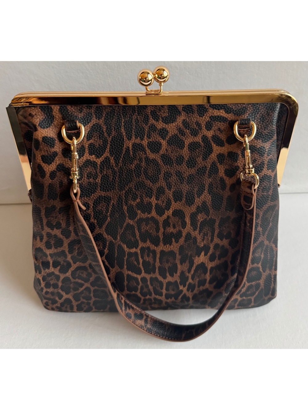 Unbranded Leopard Print Frame Handbag Kiss Lock Gold Tone Shoulder Bag NWOT